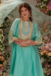 Buy_Preeti S Kapoor_Blue Chanderi Embellished Gota High Neck A-line Kalidar Kurta Set_Online_at_Aza_Fashions