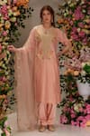 Preeti S Kapoor_Peach Chanderi Embroidered Dori Notched Round Paisley Kurta Salwar Set _at_Aza_Fashions