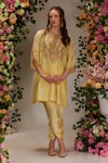 Buy_Preeti S Kapoor_Yellow Chanderi Embroidered Dori Notched Flower A-line Kurta With Dhoti Pant_at_Aza_Fashions