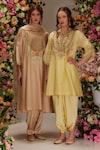 Buy_Preeti S Kapoor_Yellow Chanderi Embroidered Dori Notched Flower A-line Kurta With Dhoti Pant _Online_at_Aza_Fashions