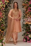 Buy_Preeti S Kapoor_Peach Chanderi Embroidered Dori Notched Round Flower A-line Kurta Set _at_Aza_Fashions