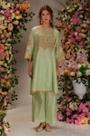 Shop_Preeti S Kapoor_Green Chanderi Embroidered Dori Round Floral Kurta Pant Set_Online_at_Aza_Fashions