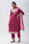 Buy_Samyukta Singhania_Pink Kurta Dola Silk Hand Work Bead Notched Floral Detailed Yoke Pant Set _Online_at_Aza_Fashions