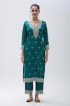 Naintara Bajaj Green Denim, Satin, Organza Sequins, Straight Kurta Set Scallop Hem Dupatta Online at Aza Fashions Naintara Bajaj_Green Denim, Satin, Organza Sequins, Straight Kurta Set Scallop Hem Dupatta _Online_at_Aza_Fashions