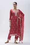 Buy_Samyukta Singhania_Red Kurta Dola Silk Hand Work Bead V Neck Floral Detailed Straight Set _at_Aza_Fashions