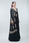 Buy_Samyukta Singhania_Black Jacket And Lehenga Georgette Embroidered Zari Round Neck Floral Set_Online_at_Aza_Fashions