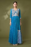 Samyukta Singhania_Blue Georgette Printed Leheriya V Neck Anarkali With Dupatta _Online_at_Aza_Fashions