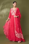 Buy_Samyukta Singhania_Red Georgette Printed Leheriya V Neck Embroidered Anarkali With Dupatta _at_Aza_Fashions