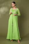 Buy_Samyukta Singhania_Green Georgette Gota Patti, Longline Bandhej Print Jacket Flared Pant Set_Online_at_Aza_Fashions