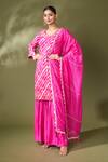 Samyukta Singhania_Pink Silk Embroidery Round Neck Flora Vine Leheriya Kurta Sharara Set_Online_at_Aza_Fashions