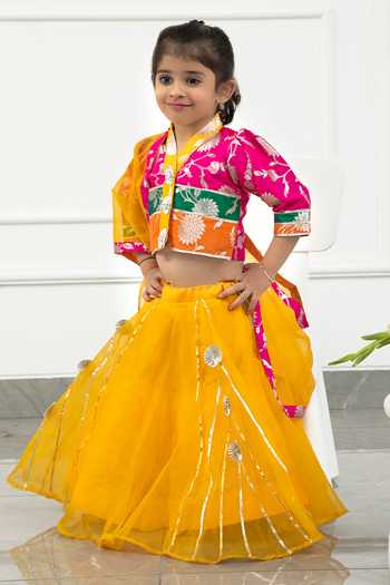 Buy_Kirti Agarwal - Pret N Couture_Multi Color Brocade, Cotton, Organza Floral Pattern Blouse Lehenga Set _at_Aza_Fashions