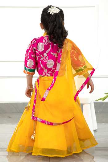 Shop_Kirti Agarwal - Pret N Couture_Multi Color Brocade, Cotton, Organza Floral Pattern Blouse Lehenga Set _at_Aza_Fashions