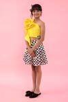 Buy_Kirti Agarwal - Pret N Couture_Yellow Satin Rawsilk Printed Checks Flary Flowered Top With Skirt _at_Aza_Fashions