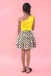 Shop_Kirti Agarwal - Pret N Couture_Yellow Satin Rawsilk Printed Checks Flary Flowered Top With Skirt _at_Aza_Fashions
