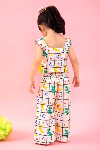 Shop_Kirti Agarwal - Pret N Couture_Off White Linen, Cotton, Satin Bows Geometric Print Top With Pant _at_Aza_Fashions
