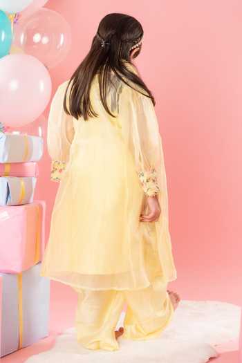 Shop_Kirti Agarwal - Pret N Couture_Yellow Organza, Chanderi Silk Embroidery Floral Thread Work Kurta Jacket Set _at_Aza_Fashions