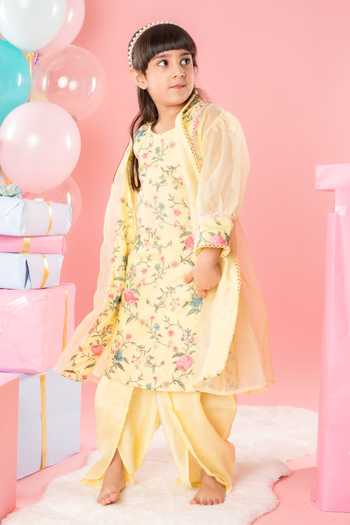 Shop_Kirti Agarwal - Pret N Couture_Yellow Organza, Chanderi Silk Embroidery Floral Thread Work Kurta Jacket Set _Online_at_Aza_Fashions