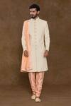 Buy_Aryavir Malhotra_Off White Sherwani Pure Silk Hand Embroidered Bead Thread Set _at_Aza_Fashions