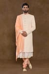 Buy_Aryavir Malhotra_Peach Sherwani Pure Silk Hand Embroidered Floral Work Kurta Set _at_Aza_Fashions