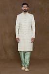 Aryavir Malhotra_Green Sherwani Pure Silk Hand Embroidered Sequin Bead Set _Online_at_Aza_Fashions