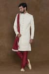 Buy_Aryavir Malhotra_Maroon Sherwani Pure Silk Hand Embroidered Bead Churidar Set _Online_at_Aza_Fashions