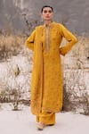 Buy_Label Varsha_Yellow Kurta And Dupatta Viscose Organza Printed Floral Band Collar Pant Set _at_Aza_Fashions