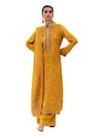 Buy_Label Varsha_Yellow Kurta And Dupatta Viscose Organza Printed Floral Band Collar Pant Set _Online_at_Aza_Fashions