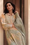 Label Varsha_Grey Kurta Cotton Linen Printed Floral Band Collar Set_Online_at_Aza_Fashions