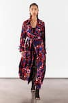 Buy_Studio Rigu_Black Vegan Silk Print Floral Notched Lapel Peony Trench Coat Set _at_Aza_Fashions