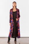 Shop_Studio Rigu_Black Vegan Silk Print Floral Notched Lapel Peony Trench Coat Set _Online_at_Aza_Fashions