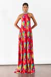 Buy_Studio Rigu_Multi Color Vegan Silk Embroidered Beads Halter Neck Poppy Print Dress _at_Aza_Fashions