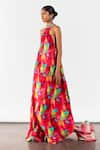 Studio Rigu_Multi Color Vegan Silk Embroidered Beads Halter Neck Poppy Print Dress _Online_at_Aza_Fashions