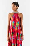 Buy_Studio Rigu_Multi Color Vegan Silk Embroidered Beads Halter Neck Poppy Print Dress _Online_at_Aza_Fashions