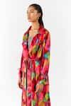 Shop_Studio Rigu_Multi Color Vegan Silk Print Poppy Notched Lapel Trench Coat Set _Online_at_Aza_Fashions