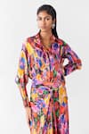 Studio Rigu_Multi Color Vegan Silk Print Petunia Collar Shirt With Draped Skirt _Online_at_Aza_Fashions