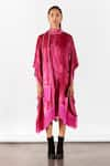 Studio Rigu_Pink Velvet Hand Embroidery Swarvoski High Neck Miller Kimono Dress _Online_at_Aza_Fashions