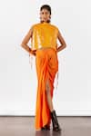 Buy_Studio Rigu_Orange Organza Hand Embroidery Sequins Zinnia Top With Vegan Silk Draped Skirt _at_Aza_Fashions