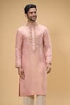 Taavare_Peach Tissue Organza Embellished Floral Threadwork Placement Kurta With Pant_at_Aza_Fashions