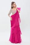 Buy_Ridhi Mehra_Pink Embroidered Sequins Scoop Pre-draped Ruffle Saree With Jaal Work Blouse _at_Aza_Fashions