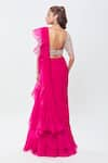 Shop_Ridhi Mehra_Pink Embroidered Sequins Scoop Pre-draped Ruffle Saree With Jaal Work Blouse _at_Aza_Fashions