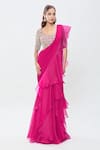 Ridhi Mehra_Pink Embroidered Sequins Scoop Pre-draped Ruffle Saree With Jaal Work Blouse _Online_at_Aza_Fashions