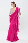 Buy_Ridhi Mehra_Pink Embroidered Sequins Scoop Pre-draped Ruffle Saree With Jaal Work Blouse _Online_at_Aza_Fashions