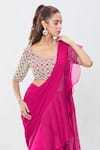 Shop_Ridhi Mehra_Pink Embroidered Sequins Scoop Pre-draped Ruffle Saree With Jaal Work Blouse _Online_at_Aza_Fashions