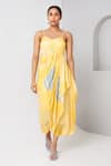 Buy_Vedika M_Yellow Satin Printed Abstract Sweetheart Draped Dress 