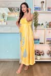 Shop_Vedika M_Yellow Satin Printed Abstract Sweetheart Draped Dress 