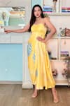 Vedika M_Yellow Satin Printed Abstract Sweetheart Draped Dress _Online