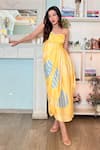 Buy_Vedika M_Yellow Satin Printed Abstract Sweetheart Draped Dress _Online