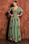 Kalista_Green Viscose Georgette Hand Painted Floral Motifs Mihira Cape Palazzo Set _at_Aza_Fashions