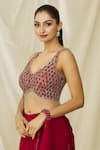 Buy_ARPAN VOHRA_Red Georgette Embroidered Sequin Jaal Embellished Blouse With Pre Draped Saree 