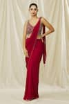 Buy_ARPAN VOHRA_Red Georgette Embroidered Sequin Jaal Embellished Blouse With Pre Draped Saree _Online_at_Aza_Fashions